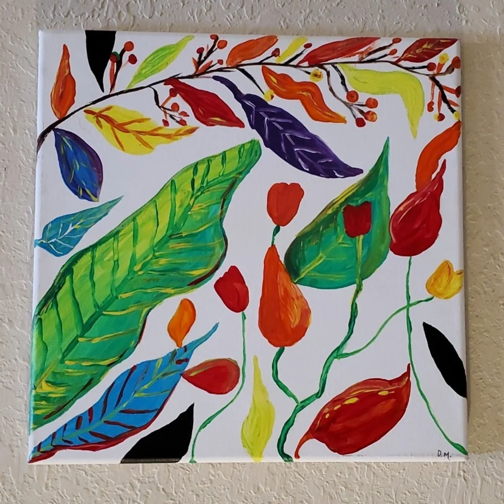 Original Unique Folk Art Floral Fauna Acrylic Painting Handmade‎ Art Home Decor